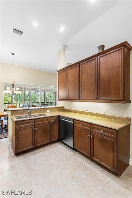 9280 Triana Ter Unit 234, Fort Myers, FL 33912 - kitchen with dishwasher, a sink, a peninsula, decorative light fixtures, and a chandelier