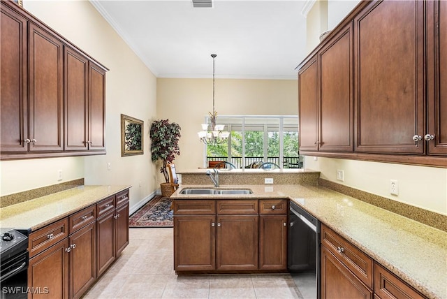 9280 Triana Ter Unit 234, Fort Myers, FL 33912 - kitchen featuring dishwasher, a sink, black / electric stove, crown molding, and a chandelier