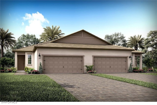 6474 Good Life St, Fort Myers, FL 33966 - ranch-style home with a garage, decorative driveway, a front lawn, and stucco siding