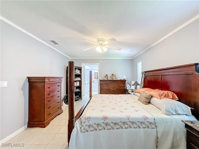bedroom with visible vents, crown molding, baseboards, ceiling fan, and light tile patterned floors