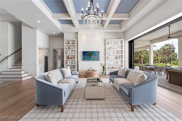 1247 Blue Hill Creek Dr, Marco Island, FL 34145 - living area with a chandelier, light wood-type flooring, recessed lighting, coffered ceiling, and beamed ceiling