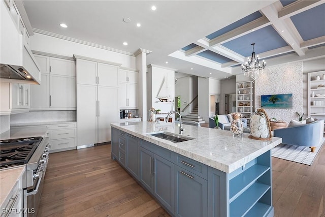 1247 Blue Hill Creek Dr, Marco Island, FL 34145 - kitchen featuring open floor plan, a sink, white cabinets, a chandelier, and dark wood finished floors