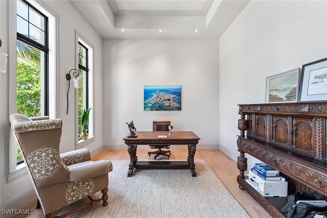 1247 Blue Hill Creek Dr, Marco Island, FL 34145 - office space featuring a tray ceiling, light wood-type flooring, crown molding, baseboards, and recessed lighting