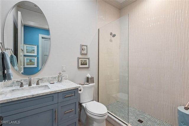 1247 Blue Hill Creek Dr, Marco Island, FL 34145 - full bathroom featuring a stall shower, toilet, vanity, and crown molding