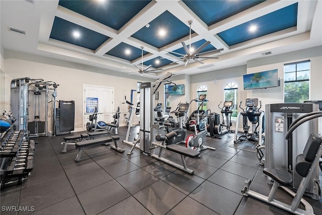 1247 Blue Hill Creek Dr, Marco Island, FL 34145 - workout area featuring ceiling fan, coffered ceiling, beamed ceiling, recessed lighting, and baseboards