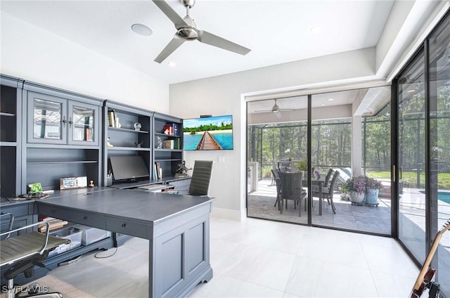 office area with baseboards, a ceiling fan, light tile patterned floors, and recessed lighting