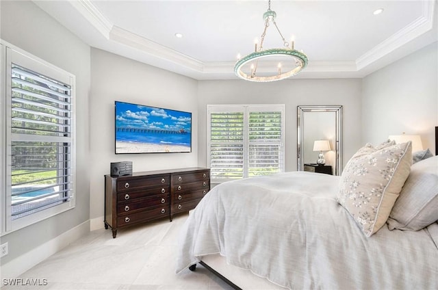bedroom featuring an inviting chandelier, a raised ceiling, recessed lighting, baseboards, and ornamental molding