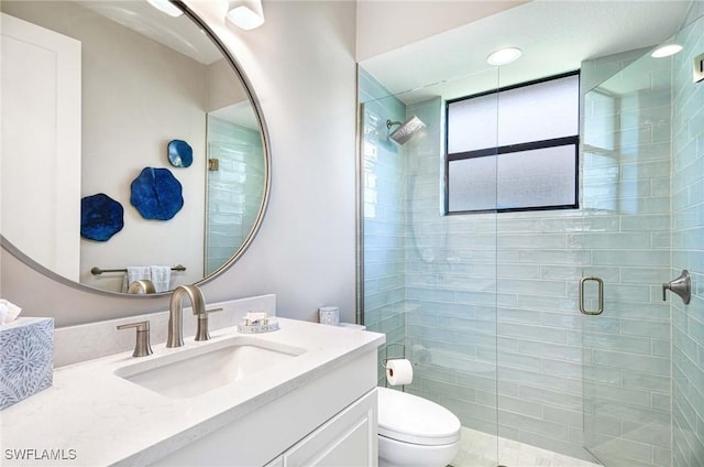 bathroom featuring vanity, a stall shower, and toilet