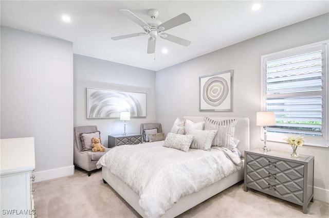 bedroom with baseboards, a ceiling fan, recessed lighting, and light colored carpet