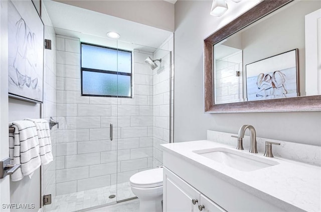 full bathroom featuring toilet, a shower stall, and vanity