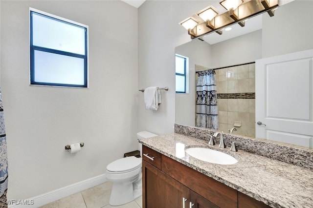 bathroom with tile patterned floors, toilet, baseboards, vanity, and a shower with shower curtain