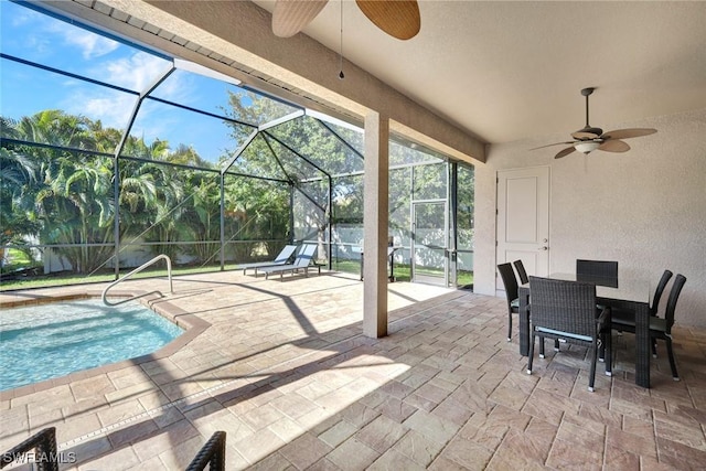 view of patio with a ceiling fan, an outdoor pool, a lanai, and outdoor dining area