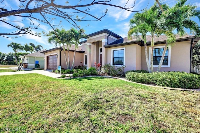 ranch-style house with stucco siding, an attached garage, concrete driveway, and a front lawn