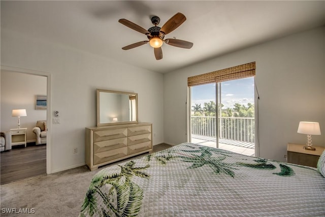 carpeted bedroom with baseboards, access to outside, and a ceiling fan