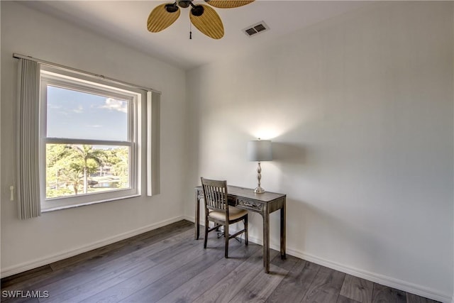 office area featuring baseboards, a ceiling fan, visible vents, and wood finished floors