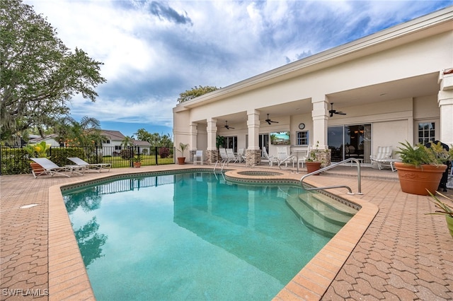 view of pool featuring a fenced in pool, ceiling fan, a patio area, and fence