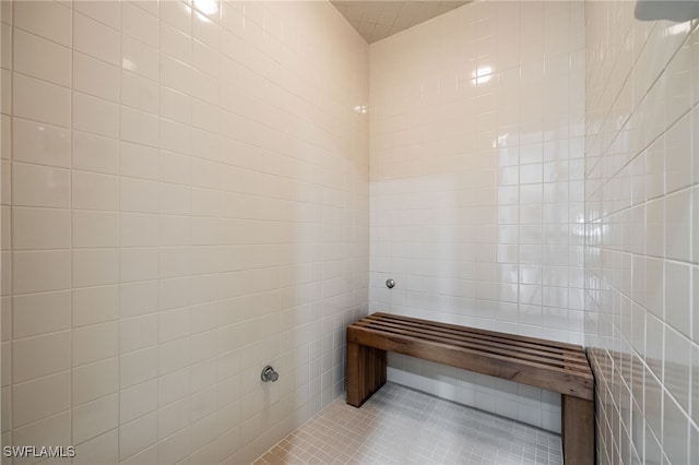 bathroom featuring tile patterned floors and tile walls
