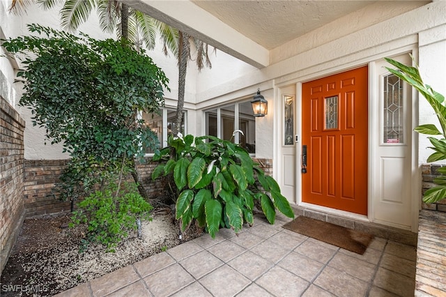 view of exterior entry featuring stucco siding