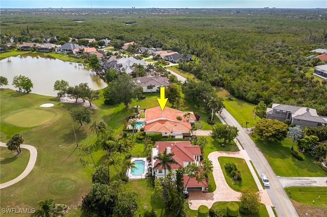 birds eye view of property featuring a water view, a residential view, view of golf course, and a wooded view