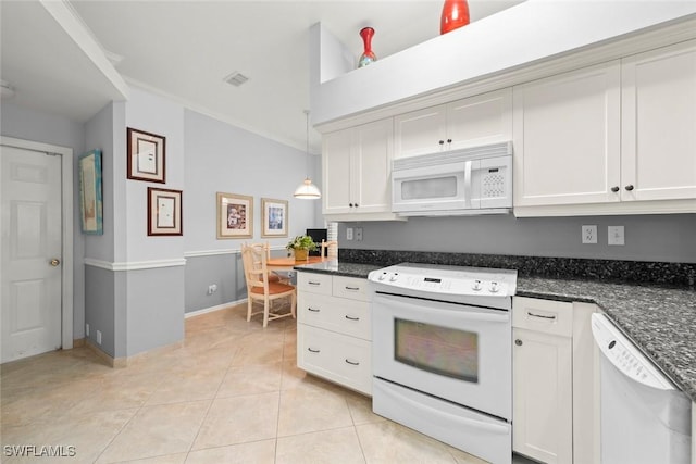 kitchen with white appliances, white cabinets, light tile patterned flooring, crown molding, and hanging light fixtures