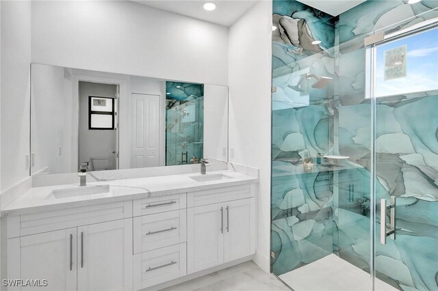 3518 50th St W, Lehigh Acres, FL 33971 - bathroom with double vanity, a sink, toilet, marble finish floor, and a marble finish shower