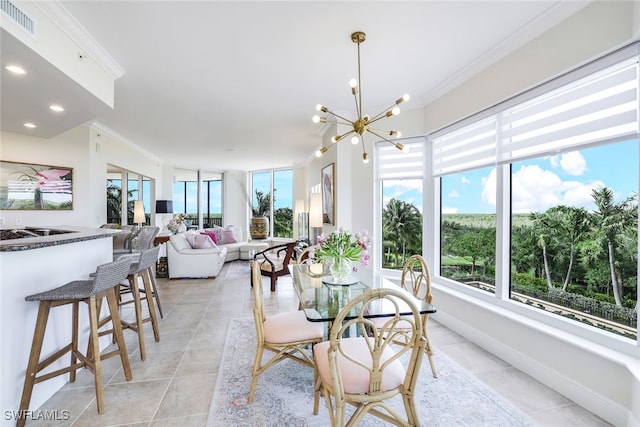1050 Borghese Ln Unit 206, Naples, FL 34114 - dining space featuring ornamental molding, a chandelier, light tile patterned floors, and recessed lighting