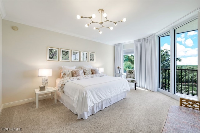 1050 Borghese Ln Unit 206, Naples, FL 34114 - bedroom featuring light carpet, a chandelier, ornamental molding, access to outside, and baseboards