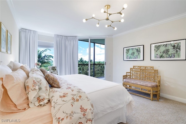 1050 Borghese Ln Unit 206, Naples, FL 34114 - carpeted bedroom with access to exterior, crown molding, a chandelier, and baseboards