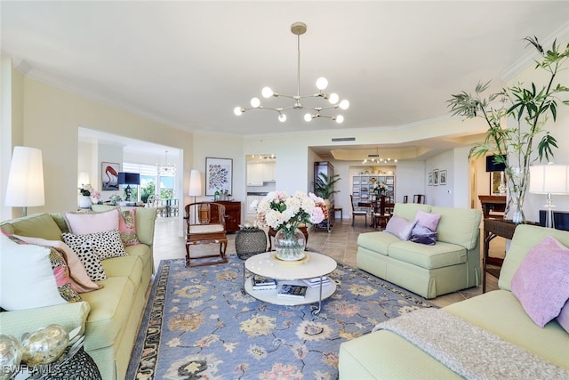 1050 Borghese Ln Unit 206, Naples, FL 34114 - tiled living room with a chandelier and ornamental molding