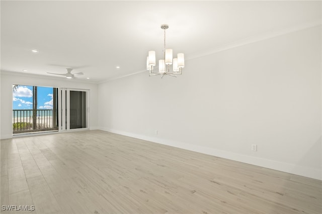 spare room with ceiling fan with notable chandelier, recessed lighting, crown molding, light wood-style flooring, and baseboards