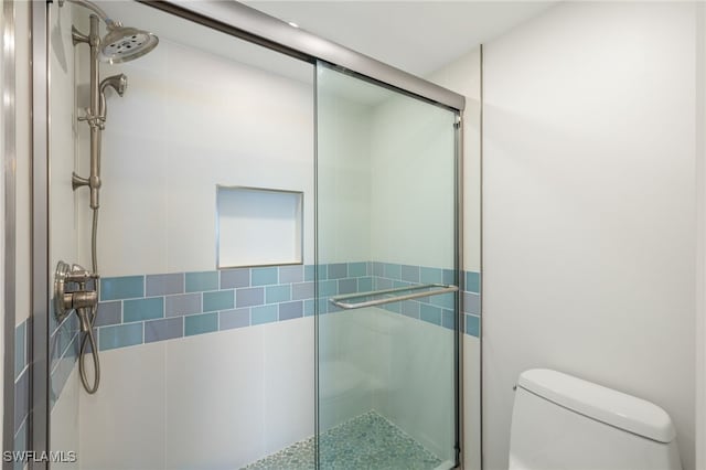 bathroom with toilet and a shower stall