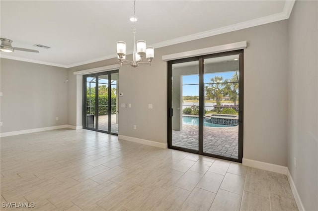 spare room with baseboards, ornamental molding, visible vents, and a notable chandelier