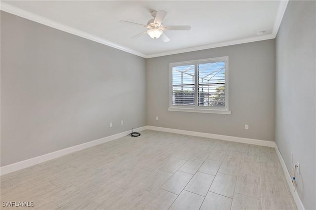 empty room with baseboards, ornamental molding, and ceiling fan