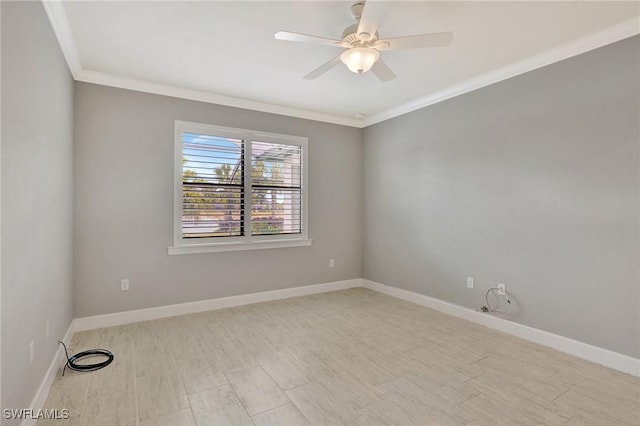 unfurnished room with baseboards, ornamental molding, and a ceiling fan