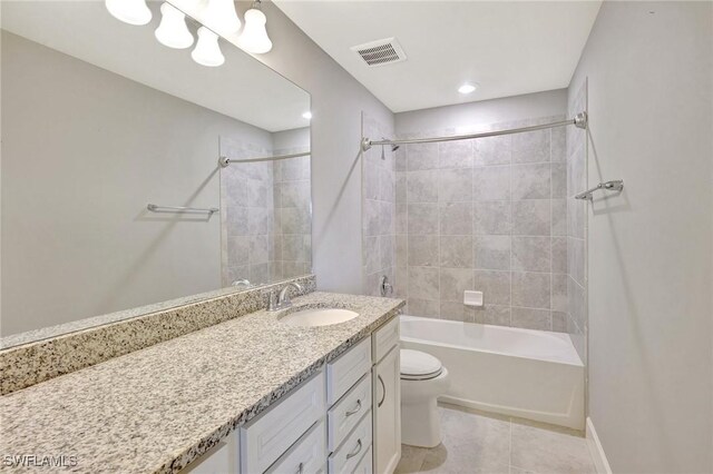 full bath featuring visible vents, tile patterned flooring, vanity, shower / bathtub combination, and toilet