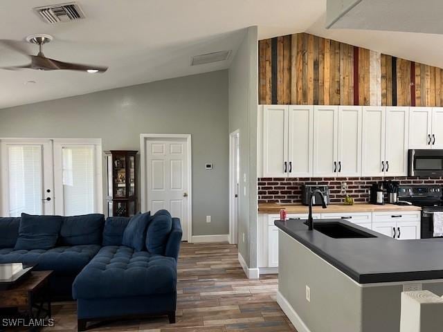 7834 15th Pl, Labelle, FL 33935 - kitchen with a sink, wood finished floors, vaulted ceiling, and black / electric stove