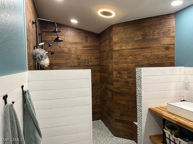 7834 15th Pl, Labelle, FL 33935 - bathroom featuring vaulted ceiling, walk in shower, and recessed lighting