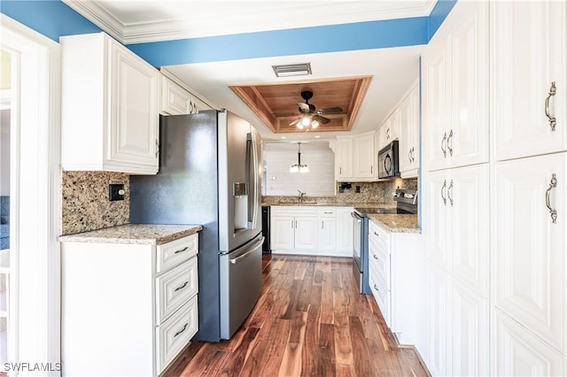 kitchen with tasteful backsplash, dark wood finished floors, white cabinetry, a tray ceiling, and appliances with stainless steel finishes