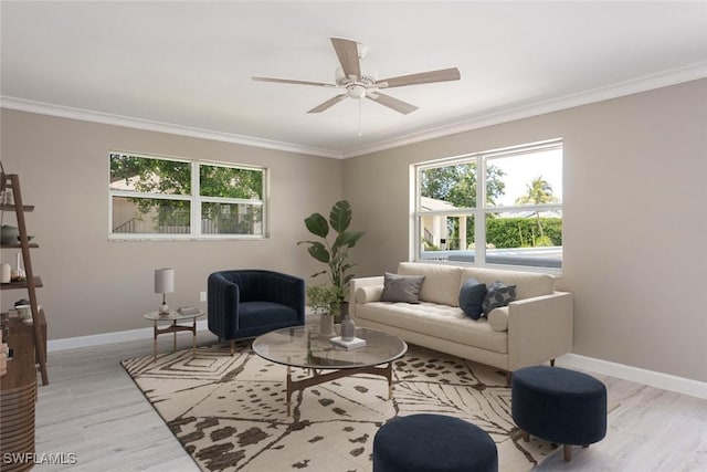 780 10th Ave S Unit 23, Naples, FL 34102 - living room with baseboards, ornamental molding, a ceiling fan, and wood finished floors