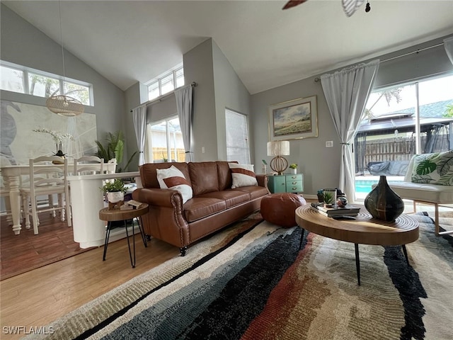 living room with wood finished floors, a healthy amount of sunlight, and high vaulted ceiling