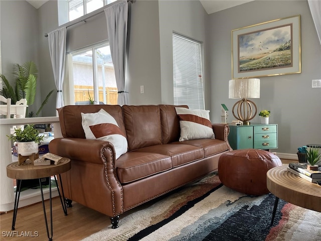 living area with baseboards and wood finished floors