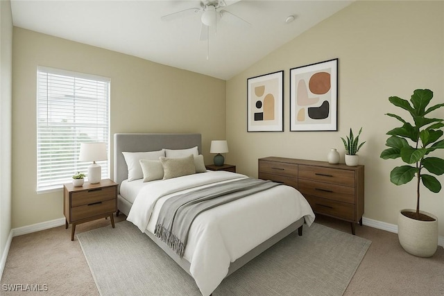 8310 Village Edge Cir Unit 3, Fort Myers, FL 33919 - bedroom featuring light colored carpet, baseboards, ceiling fan, and lofted ceiling