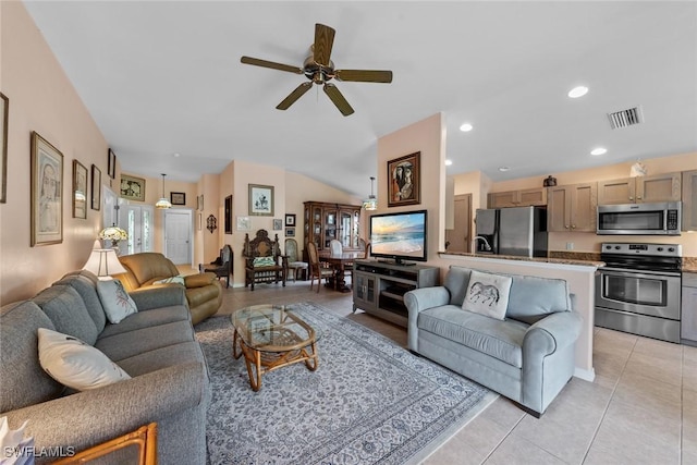 9964 Horse Creek Rd, Fort Myers, FL 33913 - living area featuring a ceiling fan, recessed lighting, light tile patterned flooring, and visible vents
