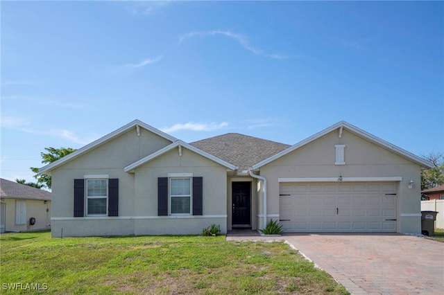 ranch-style home with an attached garage, decorative driveway, stucco siding, and a front yard