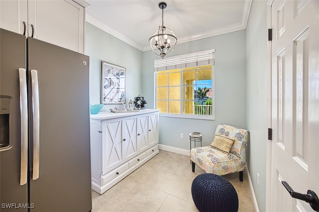 sitting room featuring crown molding, light tile patterned flooring, baseboards, and a notable chandelier