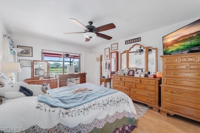 bedroom with ceiling fan and wood finished floors