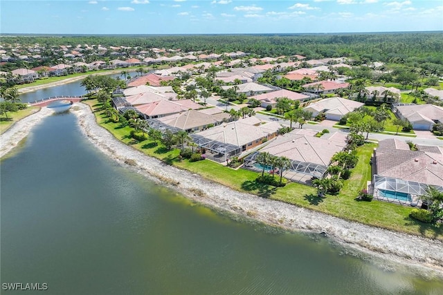 aerial view featuring a water view and a residential view