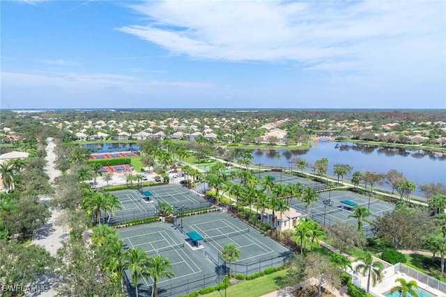 aerial view featuring a residential view and a water view