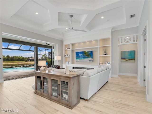 14243 Galley Ct, Naples, FL 34114 - living room with visible vents, a ceiling fan, coffered ceiling, and recessed lighting