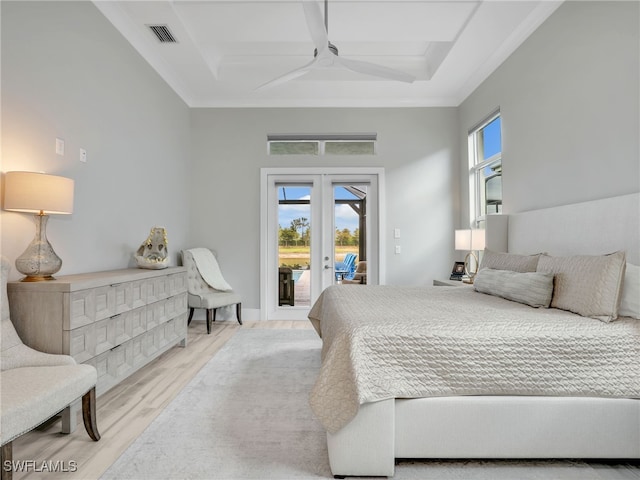 14243 Galley Ct, Naples, FL 34114 - bedroom with visible vents, access to outside, light wood-type flooring, french doors, and coffered ceiling